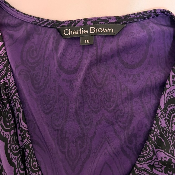 Charlie Brown V-Neck Midi 3/4 Sleeves Dress Midnight Blue Violet w Black Pattern - Picture 13 of 14